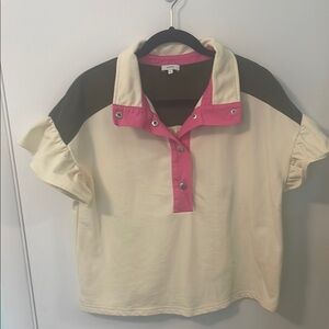 Vogue Women's Colorblock Button Down Shirt - Cream, Pink, Black